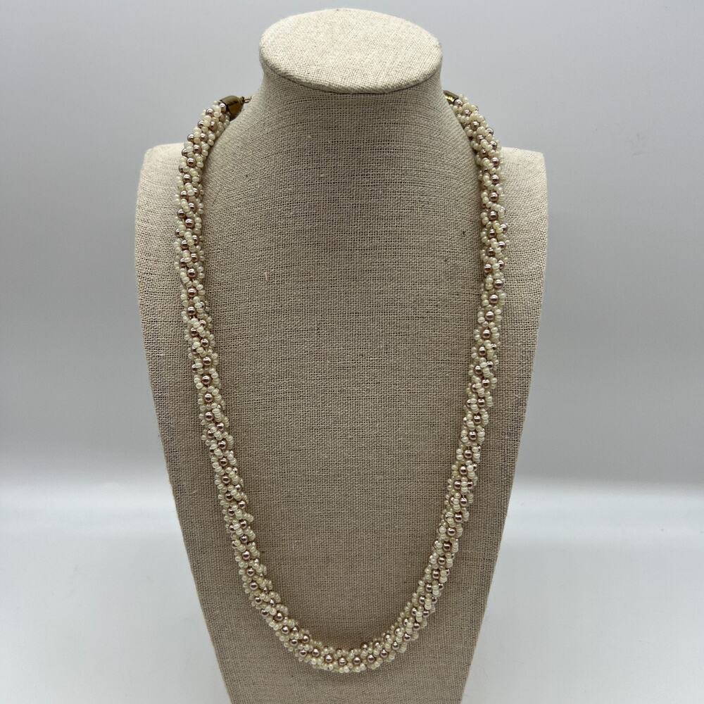 Vintage braided‎ faux pearl seed bead single strand floral necklace cottagecore